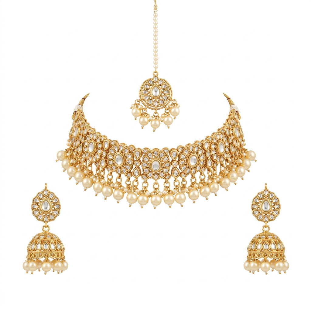 Luxury Kundan Pearl Choker Necklace Set – Bridal Pakistani Jewelry - Image 2