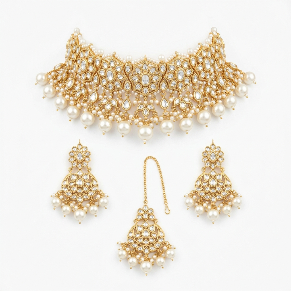 Luxury Kundan Pearl Choker Necklace Set – Bridal Pakistani Jewelry - Image 3