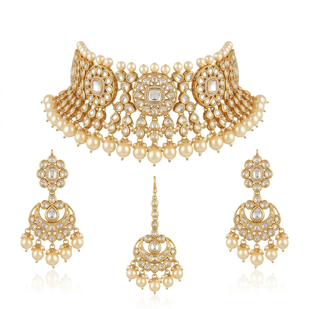 Luxury Kundan Pearl Choker Necklace Set – Bridal Pakistani Jewelry - Image 6