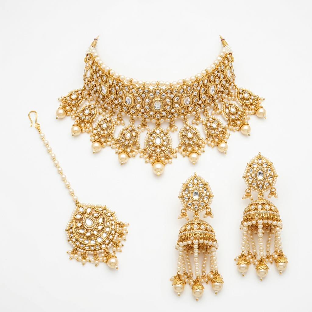 Luxury Kundan Pearl Choker Necklace Set – Bridal Pakistani Jewelry