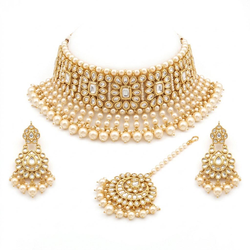 Luxury Kundan Pearl Choker Necklace Set – Bridal Pakistani Jewelry - Image 4